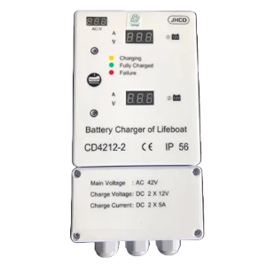 JHCD CD-4212-2 carregador de baterias de balsa salva-vidas (lifeboat battery charger), 24Vca 2x12Vcc, 2x5A, VG7.5F, Jiang, NCM 850680, importado
