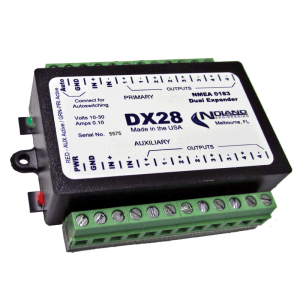 Noland DX28 Divisor amplificador de sinal, 2 canais, splitter para distribuição de dados NMEA 0183, 2K Ohms, maximo baud rate 34.400, 10-30 Vdc, 100 mA, corpo em plastico ABS, produto importado, ficha tecnica catalogo datasheet