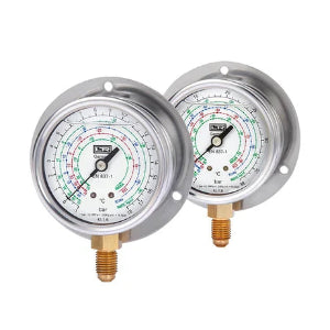 Leitenberger MG6H manometro de baixa pressão, flange frontal, conexão 1/4" SAE, enchimento em glicerina, aço inox, R22, R134a, R410s, importado, datasheet