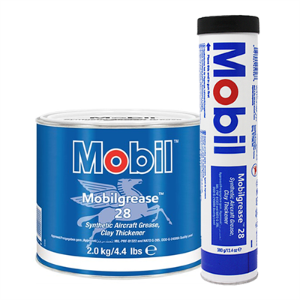 Mobil Grease 28 graxa lubrificante sintética, a base de argila, PAO, MIL-PRF-81322G, -54° a 177°C, tubo, lata ou balde, NLGI 2, cor vermelha, importado