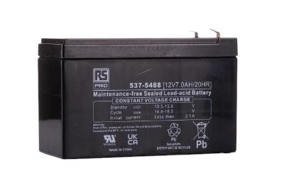 RS PRO 5375488 Bateria de chumbo ácido 12V 7Ah, terminal T1, UL94-HP, dimensões 151x93,5x65mm, peso 2,2kg, produto importado, ficha tecnica catalogo datasheet