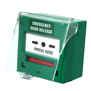 Assa Bloy CP32 Acionador de emergência rearmável com capa de proteção e chave de reset, tensão de operação 12-24V, dimensões externas 87(C) x 91(L) x 53(P) mm, 5A/125/250 VCA, 100 mΩ, disponível nas cores verde, vermelho, amarelo e branco, NCM 853110, produto importado
