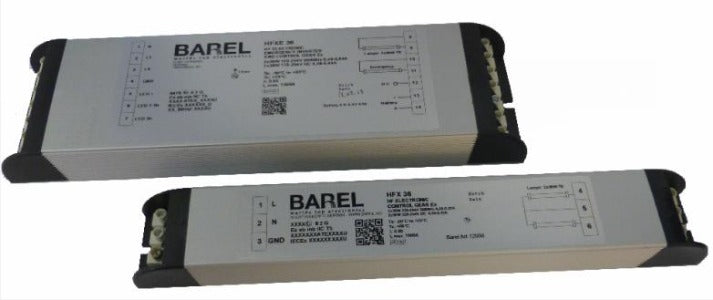 Barel HFX12949 Reator Eletronico, tipo partida suave, tensão 220-250V, corrente tipo CA (alternada), frequencia 50-60Hz, fator de potencia 0.9-0.96, capacidade para 2 lampadas de 25-250W, dimensões 75x32x285 mm, sem dimerização, produto importado, ficha tecnica catalogo datasheet