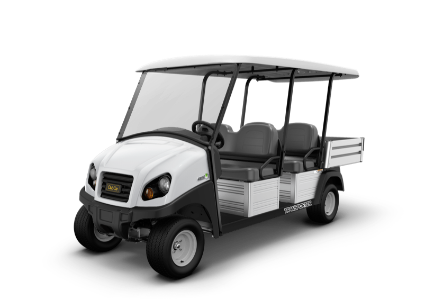 ClubCar 4 Veículo Elétrico, 4 passageiros, caçamba tipo box em alumínio, teto longo, carenagem dianteira, motor elétrico 3,70hp, 48 Volts, recarge em 8 horas, faróis e lanternas traseiras, pneus e rodas em aro 10, capacidade de carga 200 kg, parabrisa fixo, setas, espelhos retrovisores, buzina, produto importado