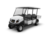 ClubCar 4 Veículo Elétrico, 4 passageiros, caçamba tipo box em alumínio, teto longo, carenagem dianteira, motor elétrico 3,70hp, 48 Volts, recarge em 8 horas, faróis e lanternas traseiras, pneus e rodas em aro 10, capacidade de carga 200 kg, parabrisa fixo, setas, espelhos retrovisores, buzina, produto importado