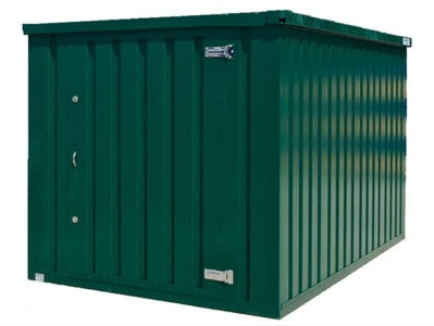 Bell Container Desmontável (foldable, dobrável), 3m x 2m (10ft x 6,6ft), 3064x2149x2093 mm (montado) e 3064x2149x300 mm (desmontado), peso 374 kg, corpo em aço galvanizado, (flat pack storage unit), código NCM 8609.00.00, produto importado