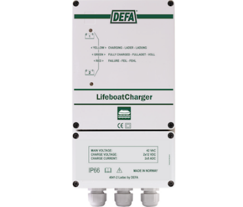 Defa 700110 Carregador de Bateria para balsa salva-vidas, 212-2332, Lifeboat Battery Charger, 42V AC 2x12Vcc, 2x5A, VG7.5F, IP nipple in and out, EMC EN 55014 Safety IEC 60335-2-29, peso 4,5 kg, NCM 850680, produto importado, ficha tecnica catalogo datasheet