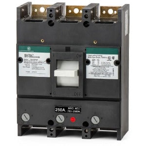 General Electric TJK 436250WL Disjuntor Tripolar, em caixa moldada, conforme NBR IEC 60947-2, corrente nominal 250A, 600V, 60Hz, capacidade de interrupção máxima 22kA, com disparador magnético e térmico ajustável, acionamento por alavanca vertical, produto importado