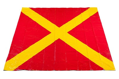 Lona para Interdição de Helideque (helideck closed marker), nas medidas 4m x 4m (metros), com "X" em amarelo cruzando toda a extensão em diagonal, 0,50m, conforme Norma 27 anexo 5H, produto importado, ficha técnica catalogo datasheet