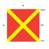 Lona para Interdição de Helideque (helideck closed marker), nas medidas 4m x 4m (metros), com "X" em amarelo cruzando toda a extensão em diagonal, 0,50m, conforme Norma 27 anexo 5H, produto importado, ficha técnica catalogo datasheet