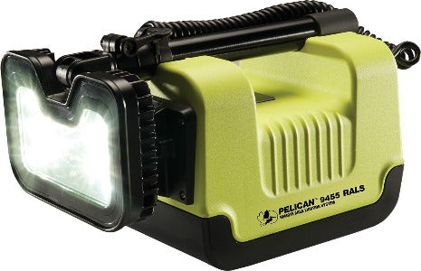 Pelican 9455 RALS Lanterna de Mão, 21W, 1600 lumens, corpo em policarbonato, amarela, bateria recarregável NiMH 12V (10 horas), lâmpada módulo LED, Ex ic IEX 60079-0, Divisão 1, ATEX, ZOna 0, IECEx, Grupo IIC, classe temperatura T4, ubstitui o antigo modelo 9435 RALS, NCM 85131000, Inmetro, peso 7.3 kg, produto importado, ficha tecnica catalogo data sheet