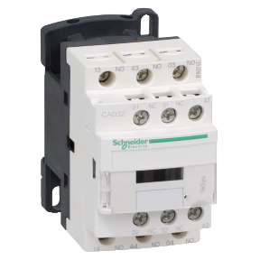 Schneider CAD-32 GD Contator de Baixa Tensão, IEC 60947-4-1, 4 polos (quadripolar), 4NA, 3NA+2NF (contatos auxiliares), AC-3 (60 Hz), DC-13, tensão de isolamento (Ui) 690V, (Ue) 600Vca, 10A, comando (bobina) CC 125Vcc, NCM 85119000, NM 10.479.531, produto importado, ficha tecnica catalogo datasheet
