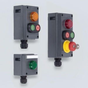 Stahl 8040/1180.023+I/GN/0/RT-060 Botoeira de comando elétrico com 2 botões, 690V, Exde, IEC 60947-5-1, 10,0A, caixa em poliéster c/fibra vidro, IP 66, IEC 60529, Ex de, Grupo IIC, Classe de temperatura T6, descontinuado, substituído por 8040/1198X-23D01BA05, produto importado
