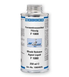 Weicon F1000 Agente Desmoldante Liquido, embalagem de 250 ml, composto para reparo e proteção, bicomponente, a base de resinas epóxidicas, catalisador, solvente, densidade 0,71 g/cm³, consumo de 50 a 100 ml/m², temperatura de operação até +70°C, NCM 391110, produto importado, catalogo data sheet