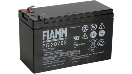 Fiamm FG20722 Bateria Industrial 12V 7,2Ah, terminais tipo Faston 4.8 / 6.3, peso unitário 2.43 kg, 12CE7.5, código NCM 85068000, produto importado, ficha técnica catalogo datasheet