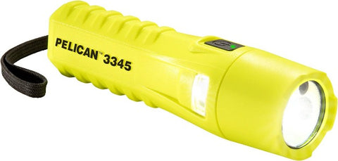 Pelican 3345RZ0 Lanterna LED, sensor de luz automático, ajusta a saída para o nível mais eficaz, spot e inundação, clipe integrado para uso mãos-livres e cordão de segurança, 184mm, peso 213g, baterias 3x AA alcalinas, amarelo, produto importado